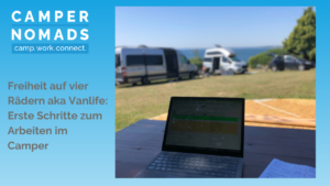 laptop im vordergrund, camper im hintergrund, ostsee